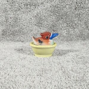 Vintage Duck in Wash Tub Trinket Box Yellow Japan Ceramic Miniature